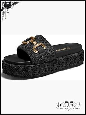 Platform Raffia Espadrille Sandals with Metal Chain - Slip On